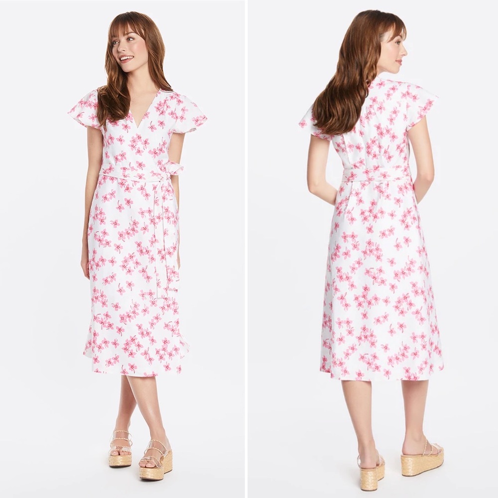 Draper James Pink Floral Linen Midi Wrap Dress Size 4